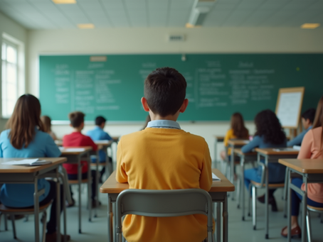 Eye-level view of a classroom setting with a focused student