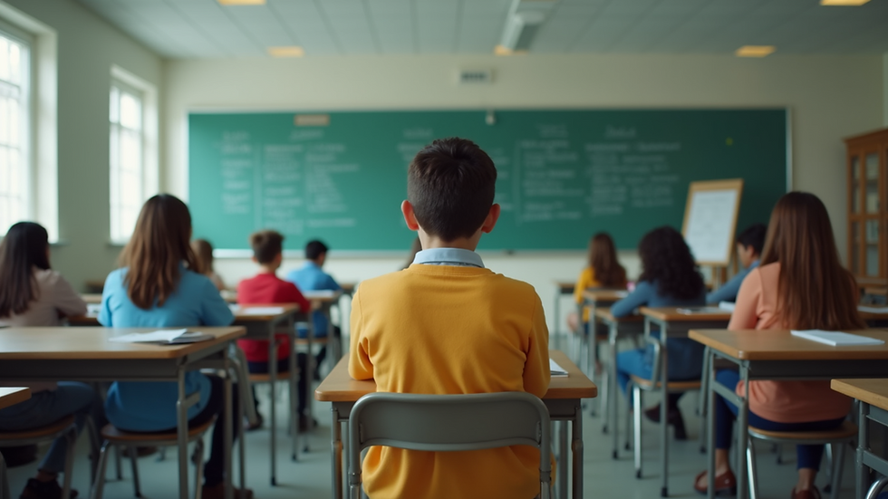 Eye-level view of a classroom setting with a focused student