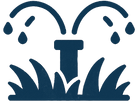 An illustration of an outdoor sprinkler surounded by grass with droplets of water spraying out of the top of the sprinkler.