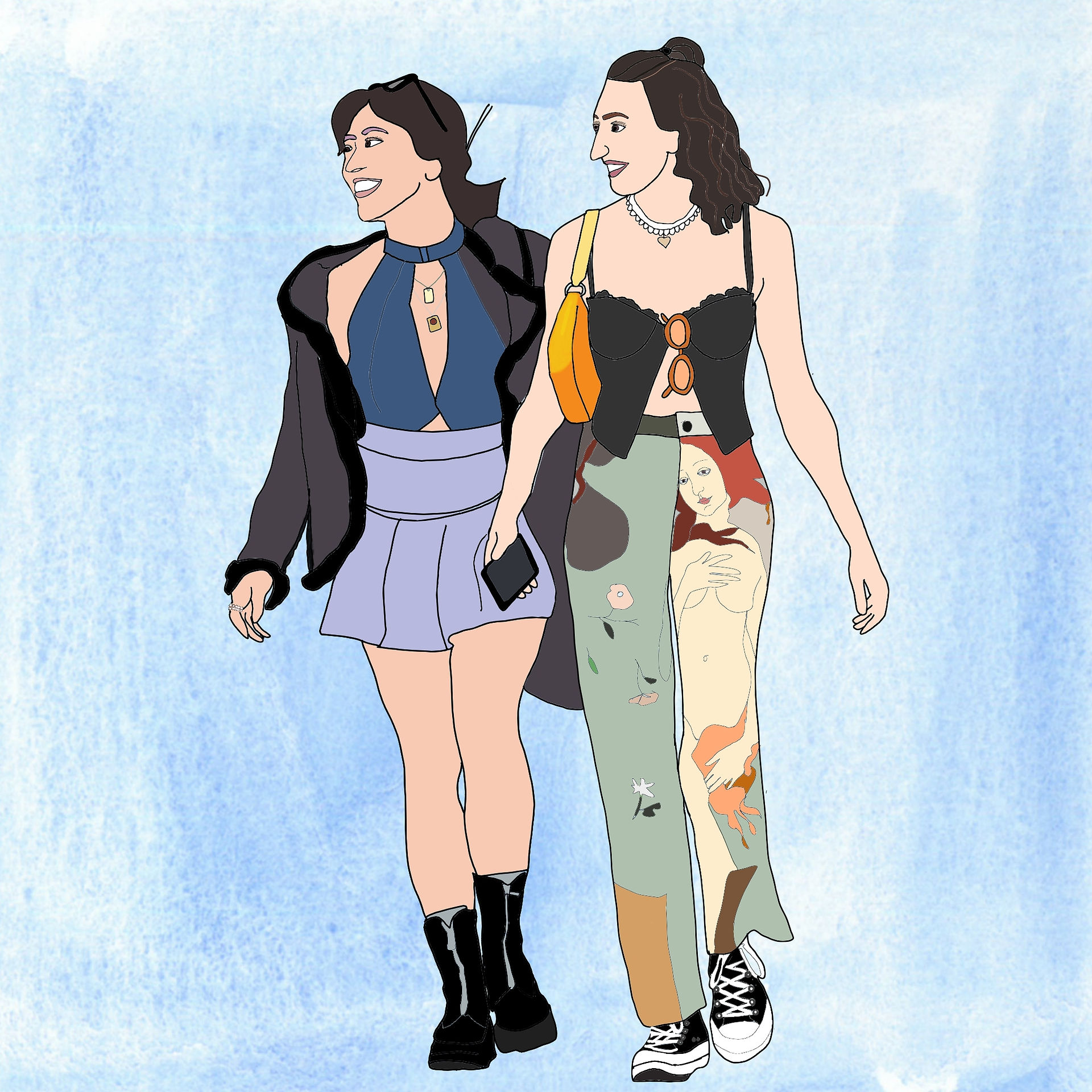 Two women in eye-catching outfits walking in Brooklyn