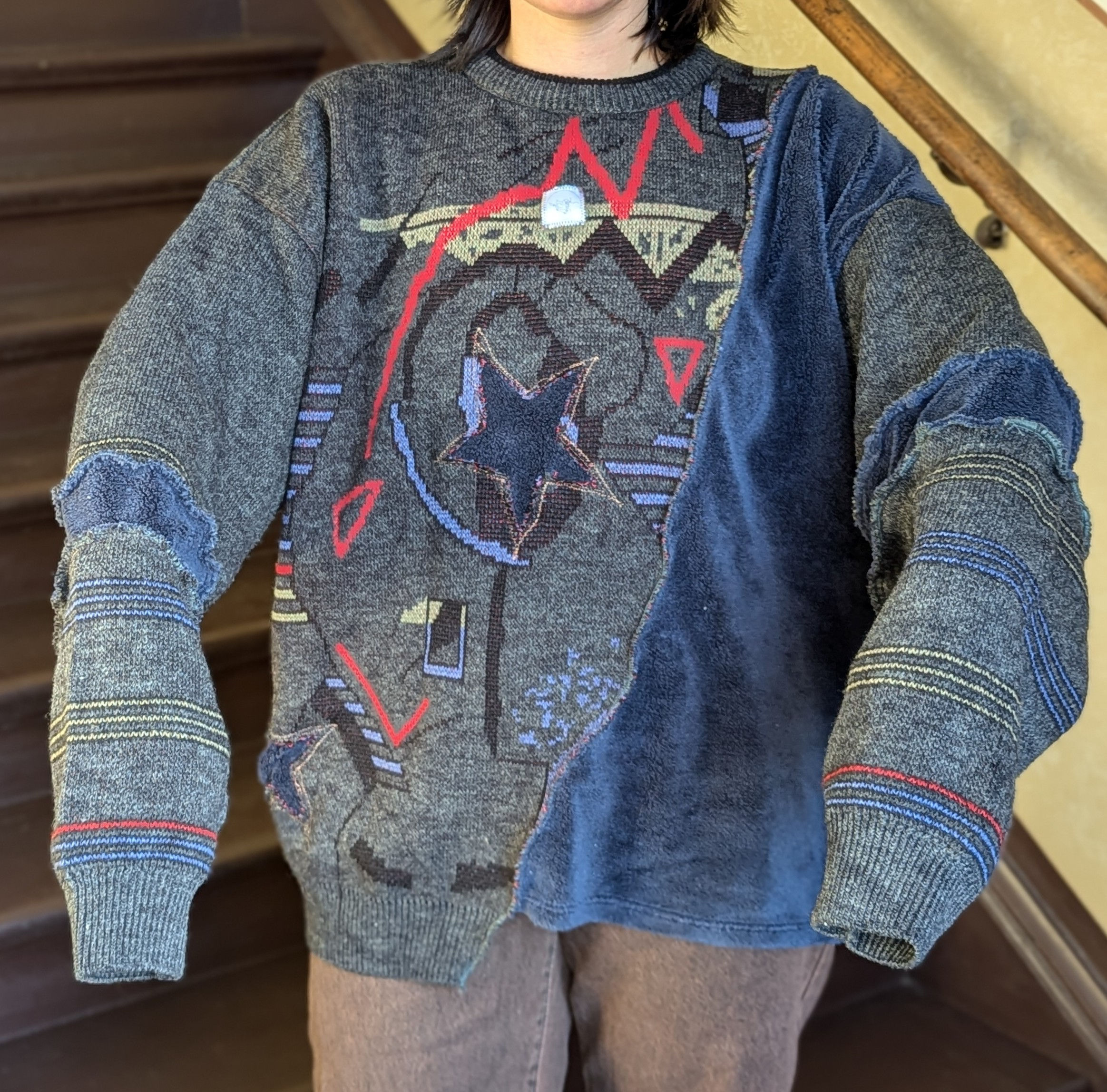 Patchwork Vintage Strickpullover mit Sternen 