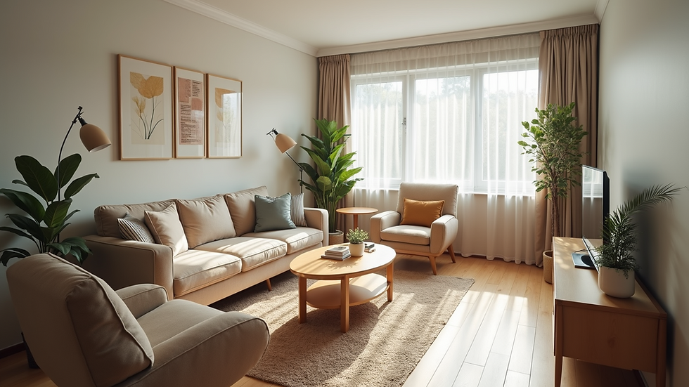 High angle view of a clean and organized living room