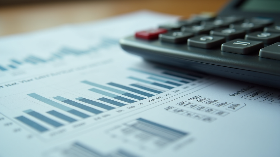 Close-up view of a calculator and financial documents on a desk