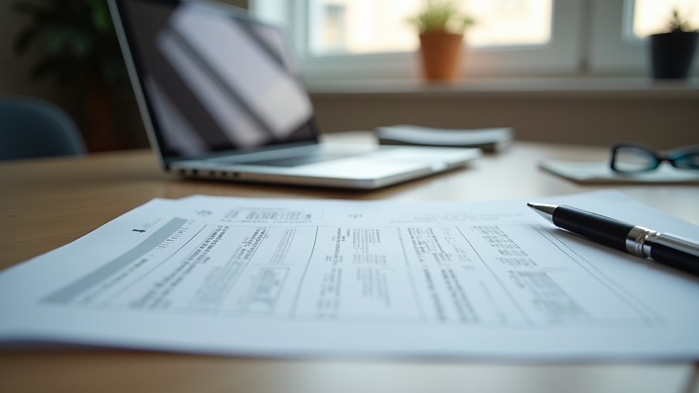 Eye-level view of a therapist’s desk with billing documents and a laptop