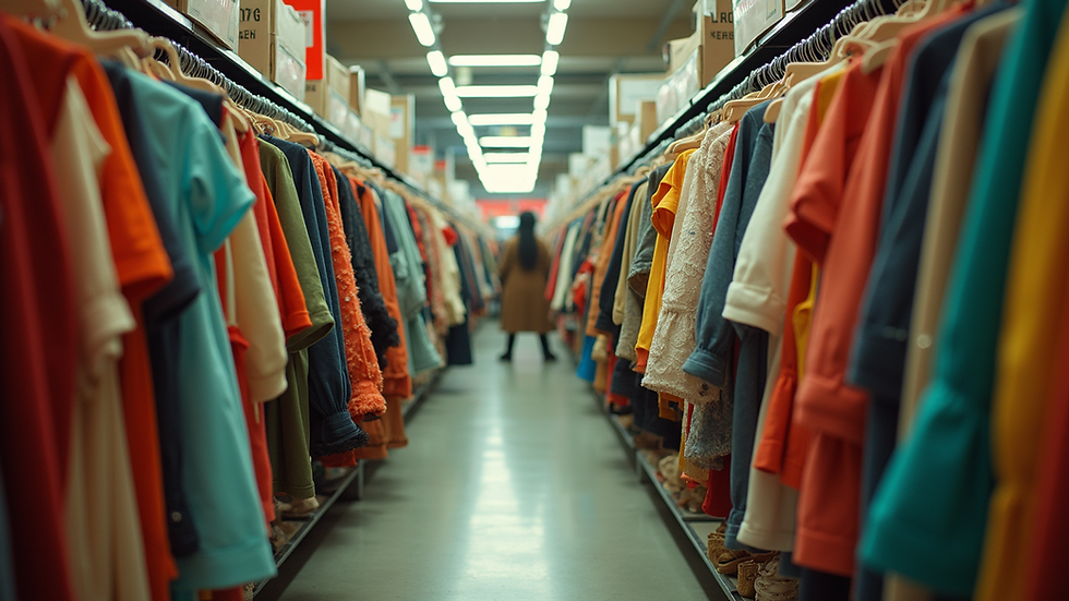 Eye-level view of a colorful thrift store aisle filled with vintage clothing