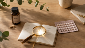 Birth control pill pack beside dried psilocybin mushrooms, illustrating microdosing and hormonal contraception