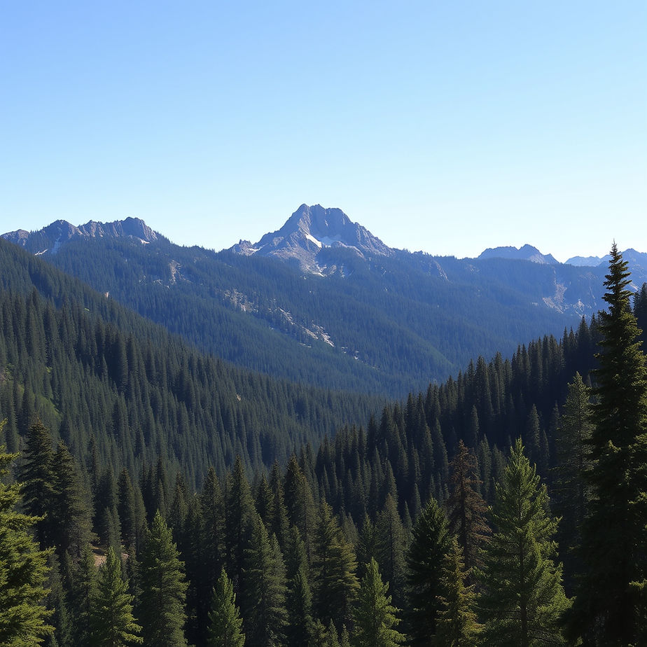 Beautiful scene of the Rocky Mountains covered in pine forests. The mountains go to nearly