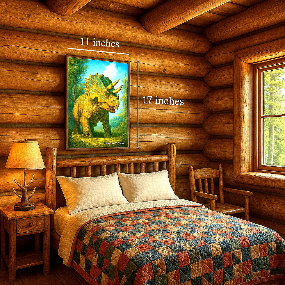 Thumbnail: Triceratops Dinosaur Poster Triceratops Dinosaur Poster shown in a bedroom.  11 x 17 in.  From Sea Raven Press