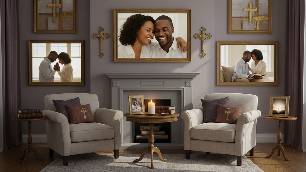 Eye-level view of a cozy living room with two chairs facing each other and a small table with a candle