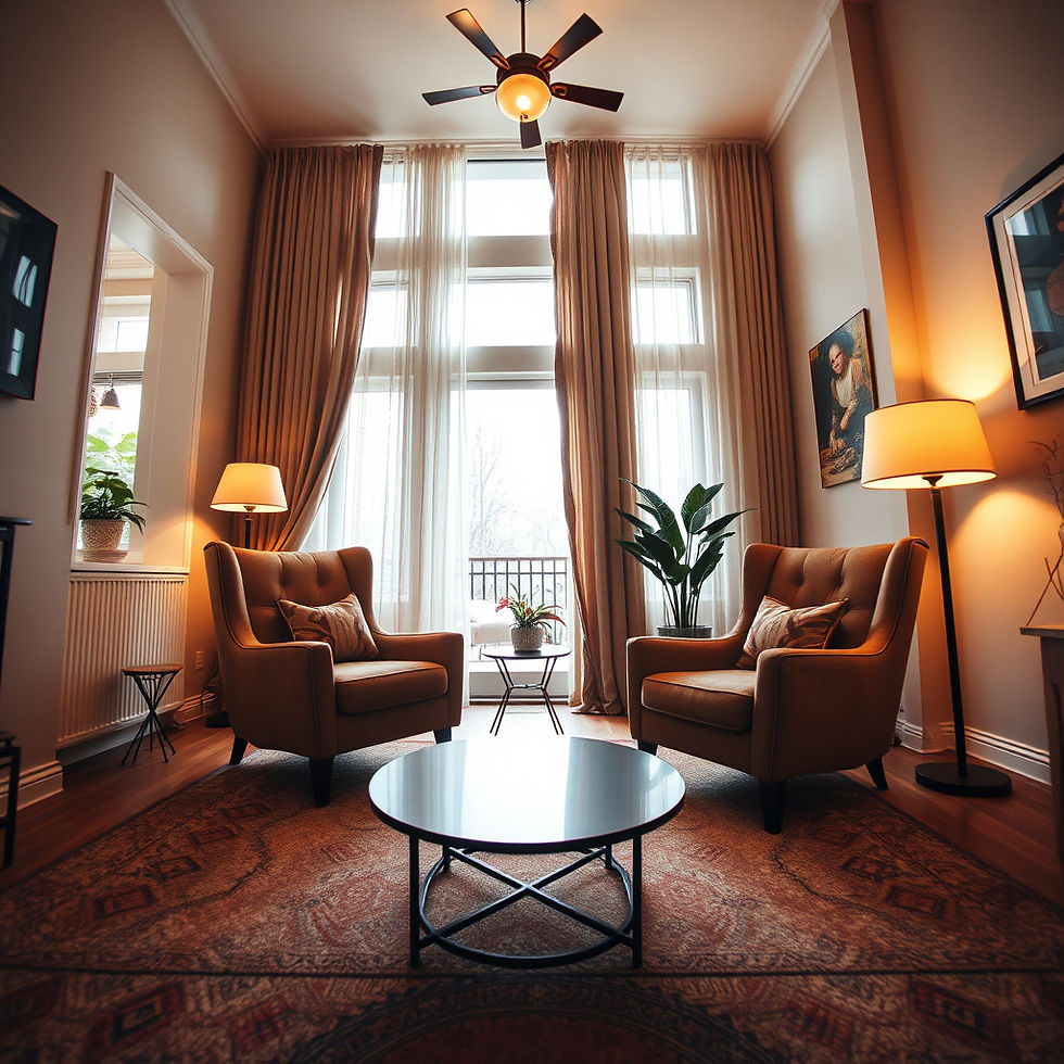 Eye-level view of a cozy living room with two chairs facing each other for intimate conversation
