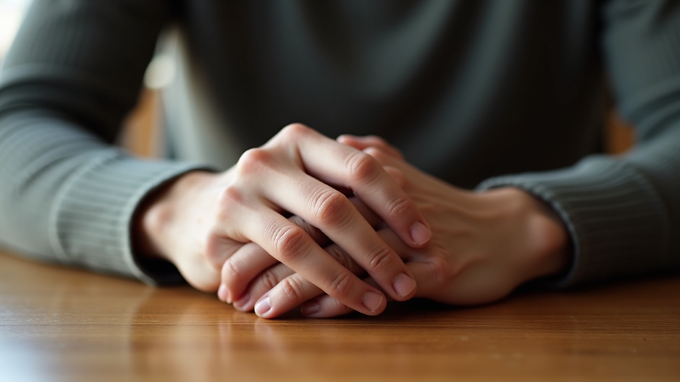 Close-up of two hands gently holding each other on a wooden table