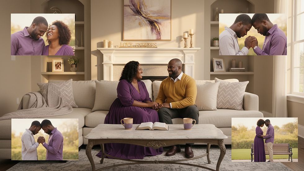 Eye-level view of a cozy living room with a couple holding hands on a couch