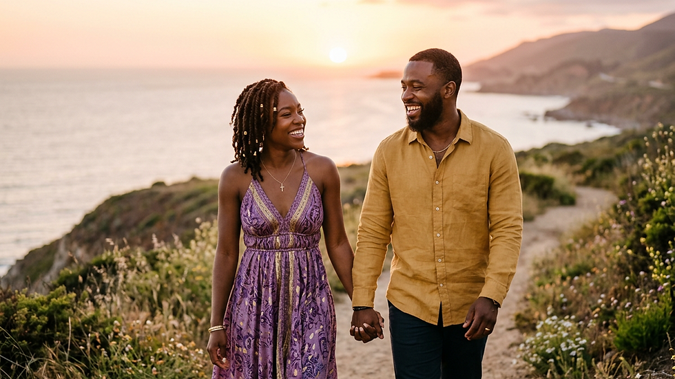 Eye-level view of a couple holding hands during a sunset walk