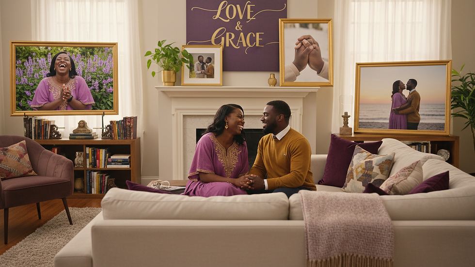 Eye-level view of a cozy living room with a couple holding hands on a couch