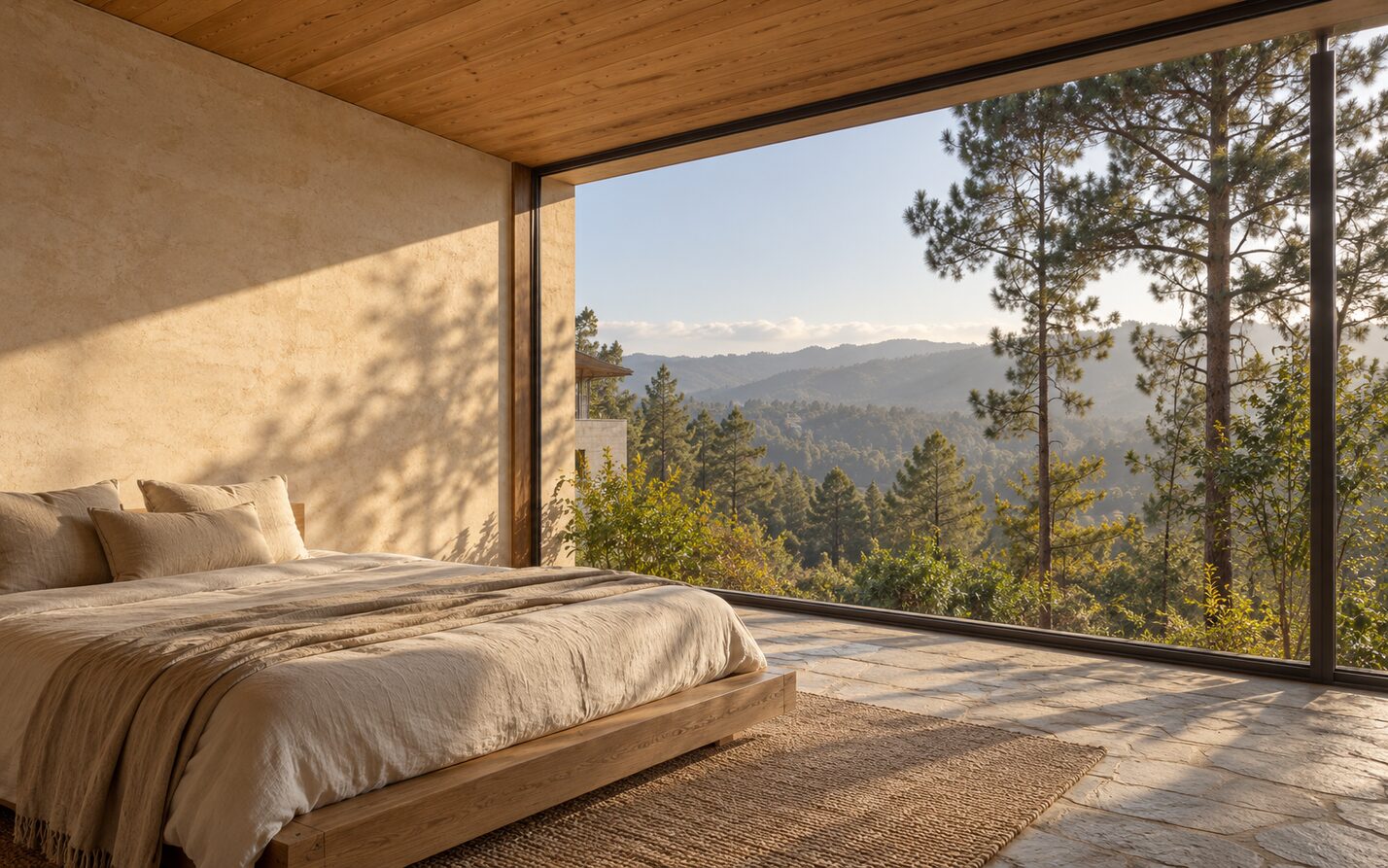 Dormitorio con ventana orientada hacia el paisaje y protegida de vistas directas.