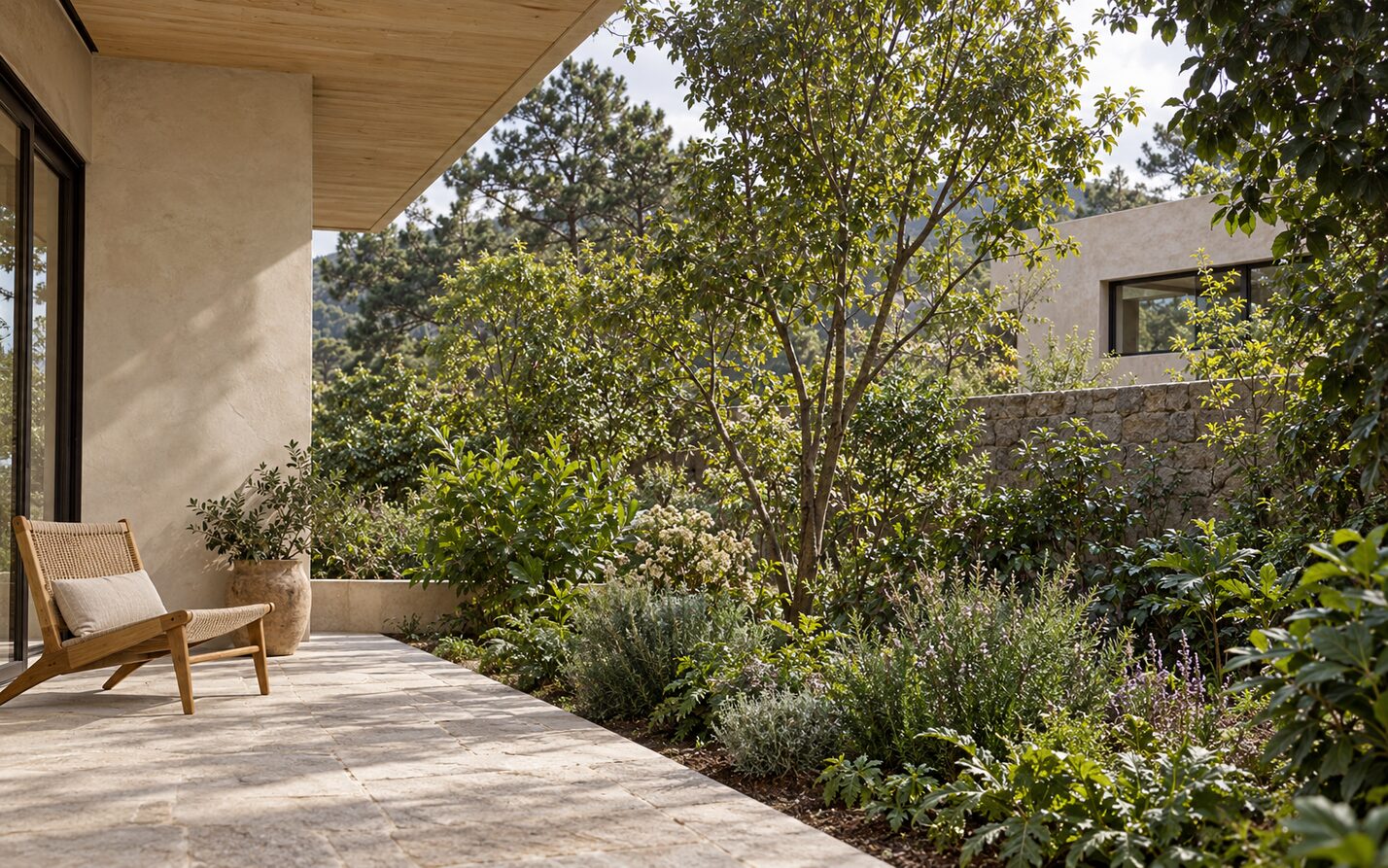 Vegetación en capas que protege una terraza y mantiene la conexión con el paisaje.