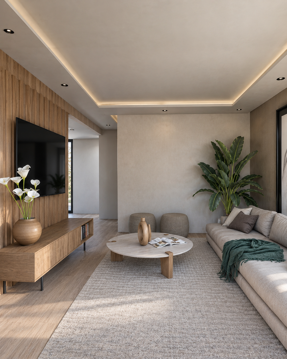 Sala familiar de LH Townhouses con materiales cálidos y espacio para compartir.