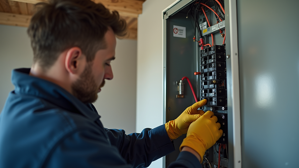 Eye-level view of a professional electrician inspecting a residential electrical panel