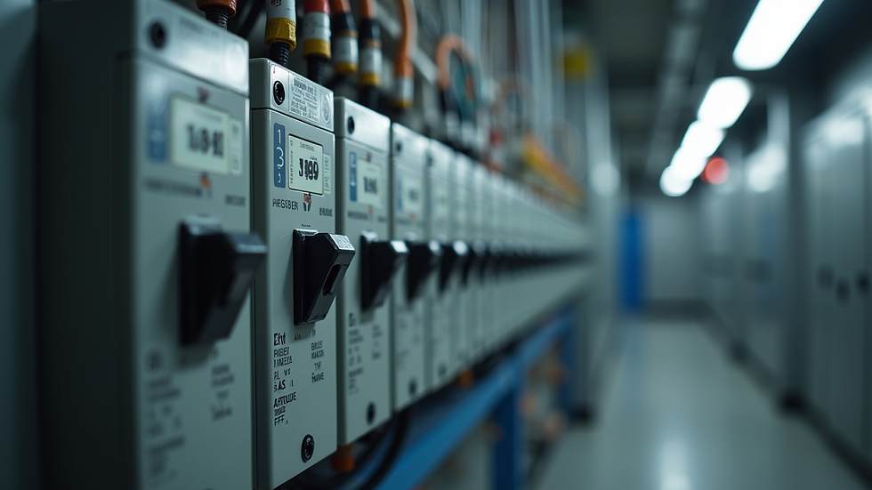 Close-up view of a commercial building’s electrical wiring and circuit breakers