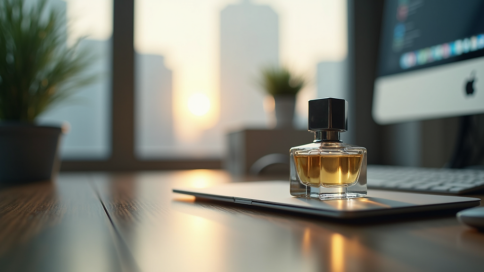Eye-level view of a modern office desk with a sophisticated fragrance bottle
