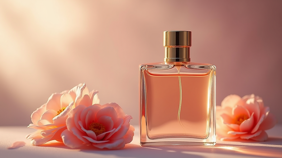 Close-up view of perfume bottle with floral decorations