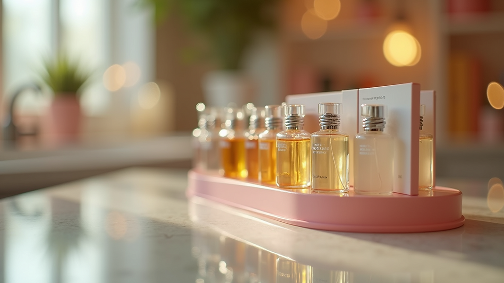 Eye-level view of a perfume tester strip with fragrance samples
