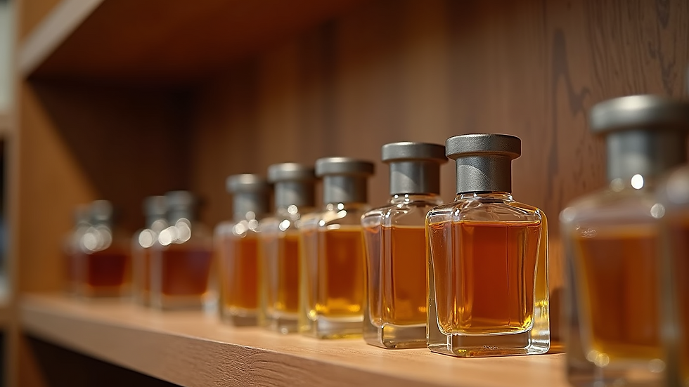 Close-up view of perfume bottles arranged on a wooden shelf
