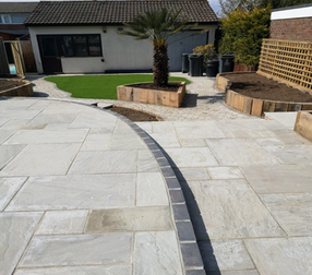 Garden design, paving,  boarders, artificial grass.