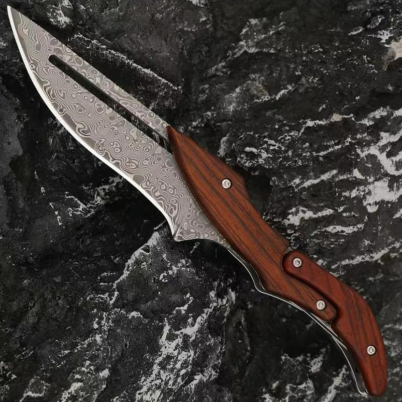 Damascus Steel Camping Knife, Rosewood Handle, Lightweight and Portable Suitable