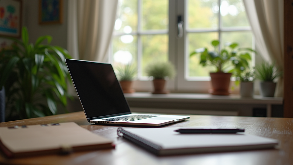 Eye-level view of a cozy home office setup with a laptop and plants