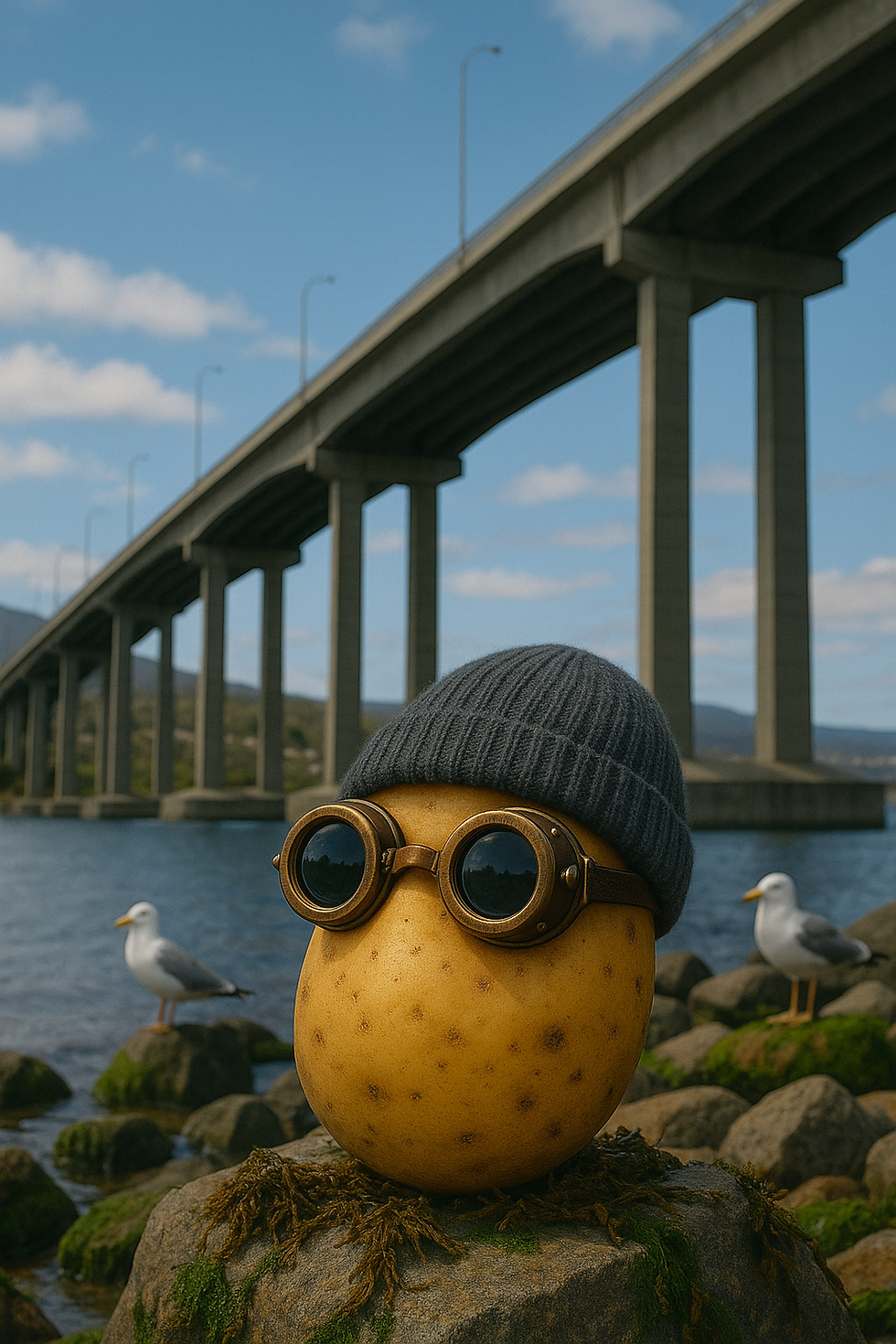 A potato wearing a beanie and goggles sitting under the Tasman bridge, right on the river's edge