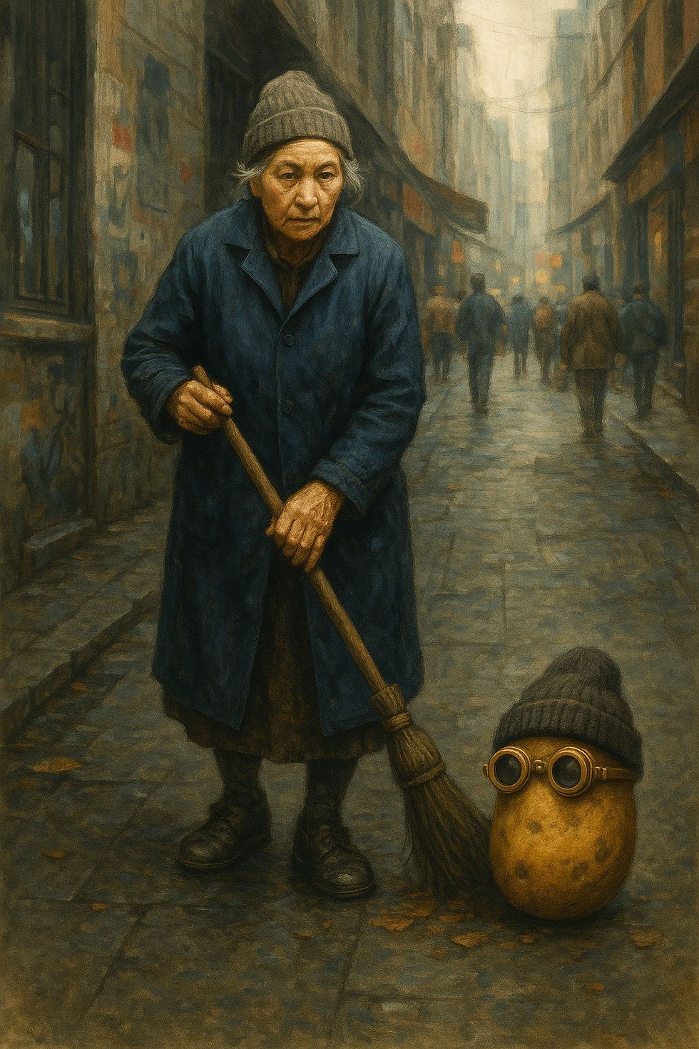 A careworn woman sweeping the street with her companion Empiricus the Potato