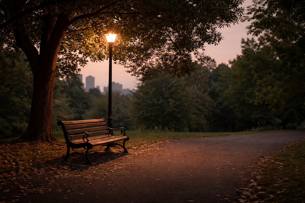 A quiet park bench beneath a tree at dusk, lit by a single streetlight, with a city skyline faint in the distance.