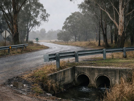 The culvert at the bottom of the road on a gloomy winter's day. Gum trees on both sides of the road, guard rails, and misty rain in the distance. 