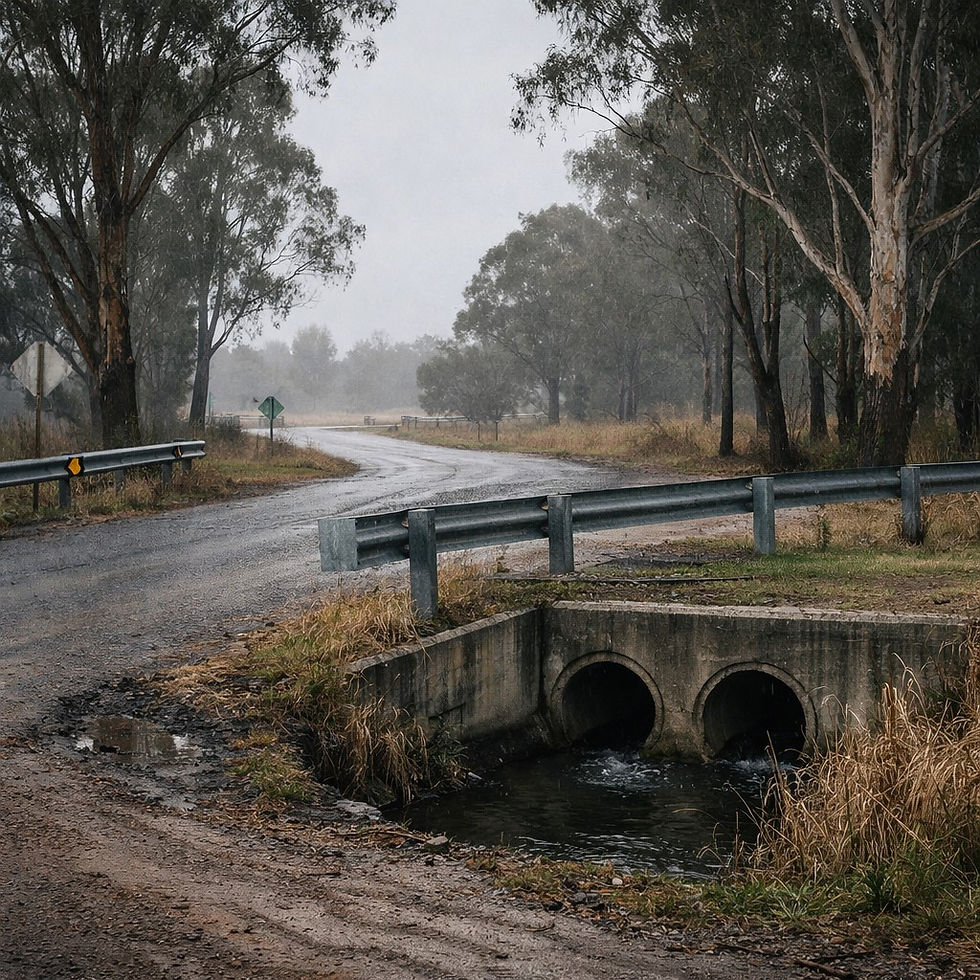 The culvert at the bottom of the road on a gloomy winter's day. Gum trees on both sides of the road, guard rails, and misty rain in the distance. 