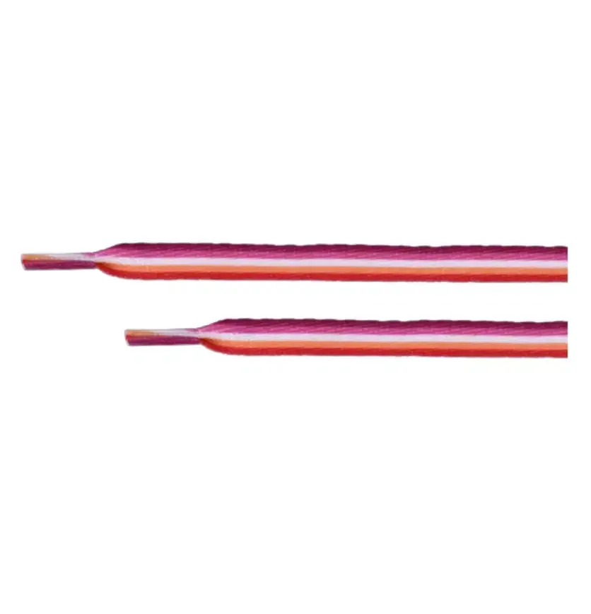 Lesbian Sunset Flag Shoelaces featuring pink, orange, and white stripes inspired by the lesbian pride flag.