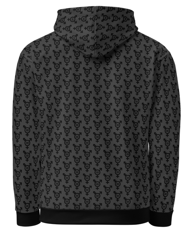 Midnight Trans Equality Hoodie with trans flag colors and bold ‘Equality’ text on a dark background.