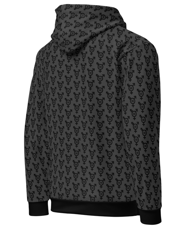 Midnight Trans Equality Hoodie with trans flag colors and bold ‘Equality’ text on a dark background.