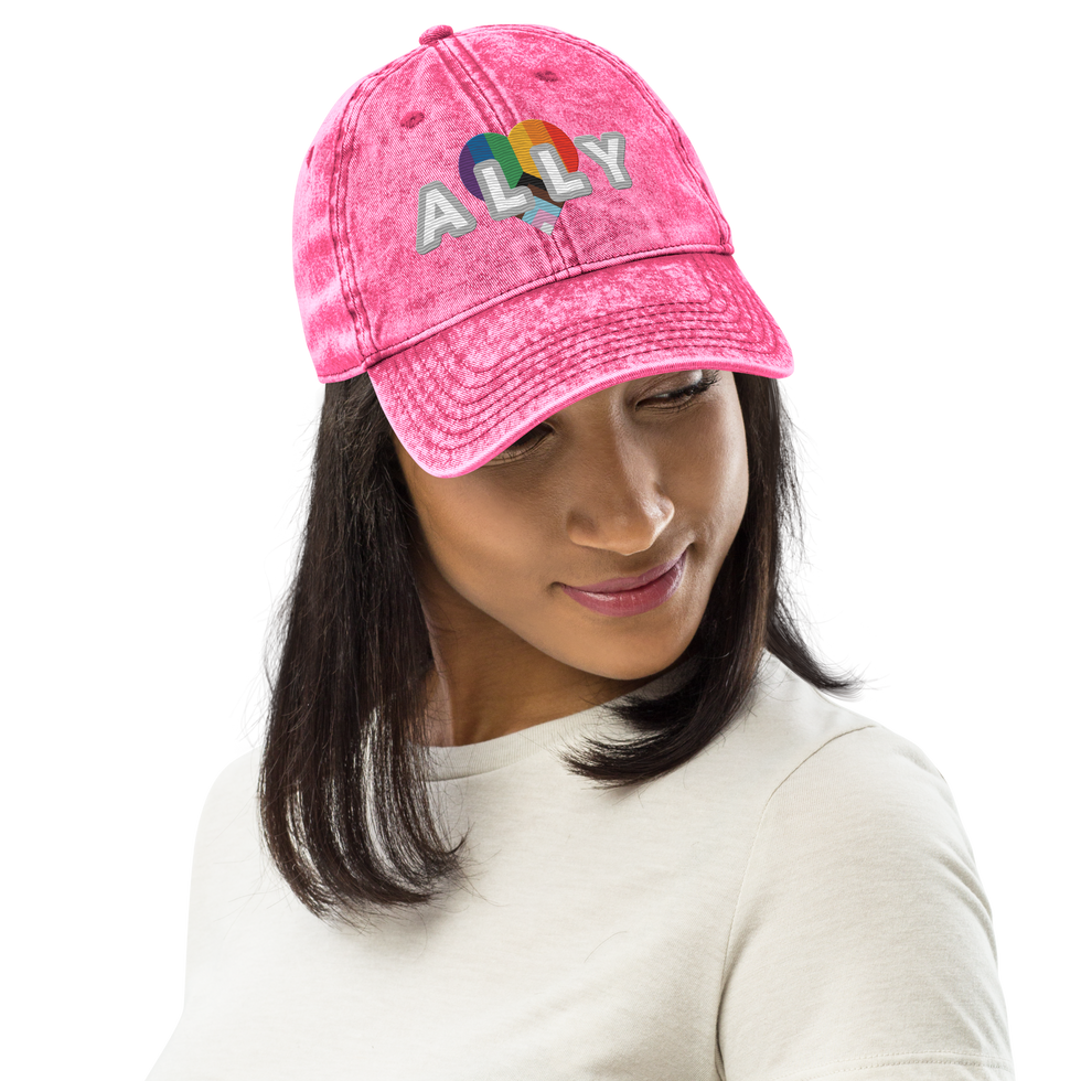 ALLY Vintage Cotton Twill Hat by This Gay Tee - grey cap with ALLY text & trans-inclusive pride flag heart