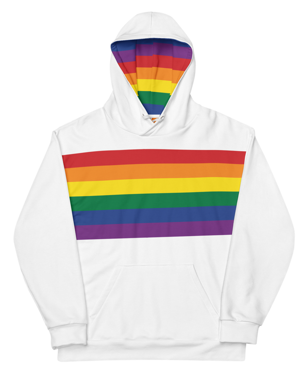 Front view of rainbow pride hoodie featuring vibrant rainbow flag colors and LGBTQ+ design.