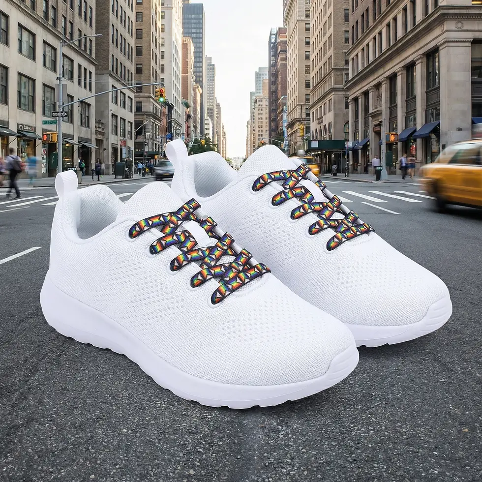 Progress Pride Flag Shoelaces featuring Daniel Quasar’s inclusive pride flag colors and chevron design.