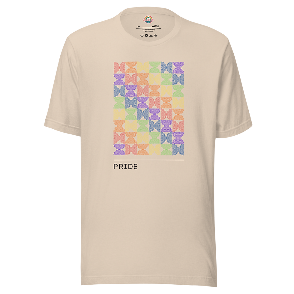 Bauhaus Pride Tee with Geometric Rainbow Patterned Square -  Soft Cream