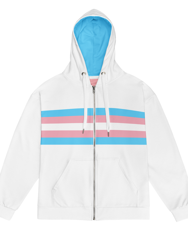 White zip hoodie with trans pride colors