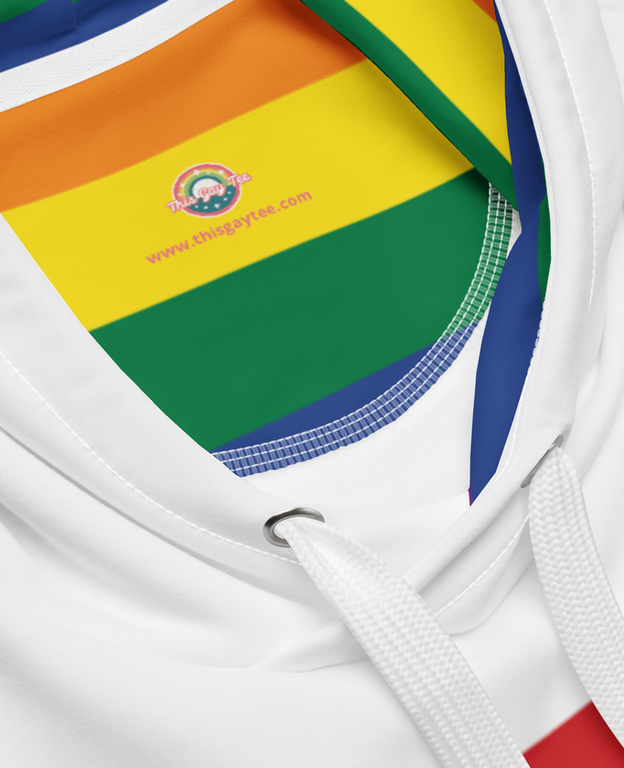 Close-up of rainbow pride hoodie’s drawstrings and rainbow flag details, highlighting quality and color.