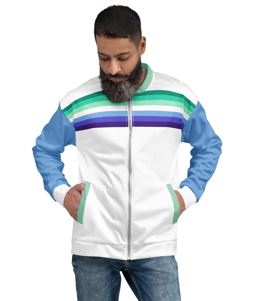 Model wearing a gay mens jacket, showcasing the colorful gay men’s pride flag stripes.