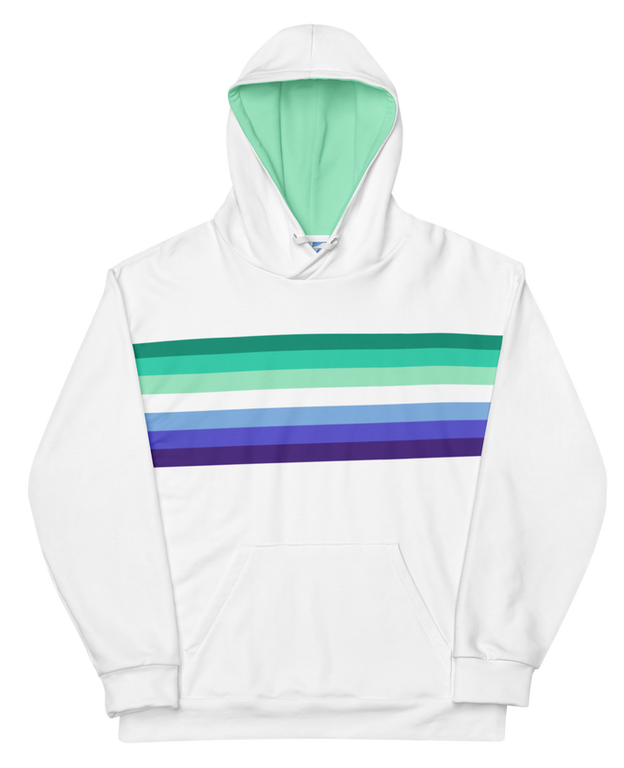 Front view of gay mens hoodie featuring bold rainbow colors and LGBTQ+ pride design.