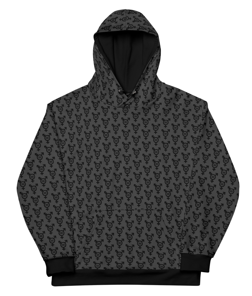 Midnight Trans Equality Hoodie with trans flag colors and bold ‘Equality’ text on a dark background.