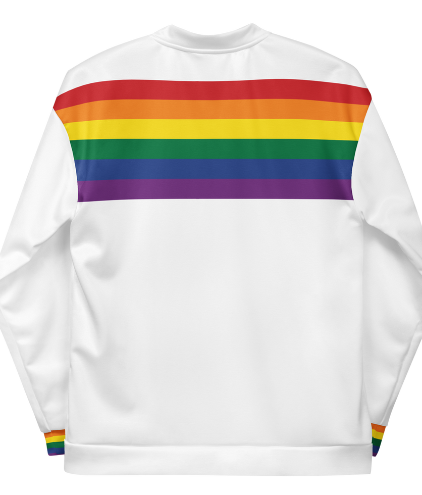 Back of gay pride jacket with large rainbow pride flag graphic, perfect for LGBTQ+ apparel.