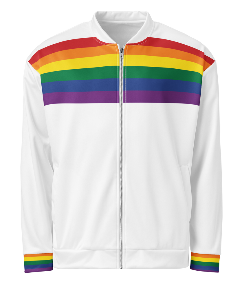 Close-up of gay pride jacket’s zipper and rainbow flag details, highlighting quality construction.