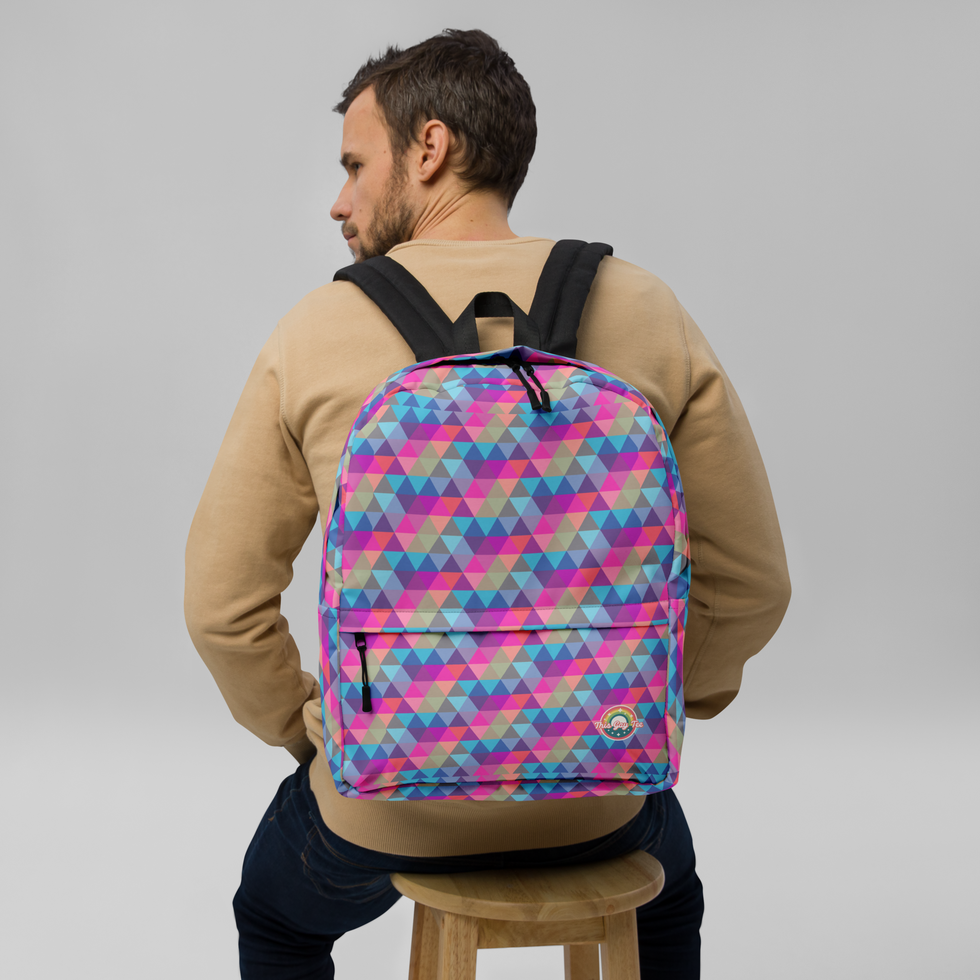 Rainbow Pink Triangle Backpack Laptop Bag by This Gay Tee - LGBTQ+ backpack with repeating triangle pattern design